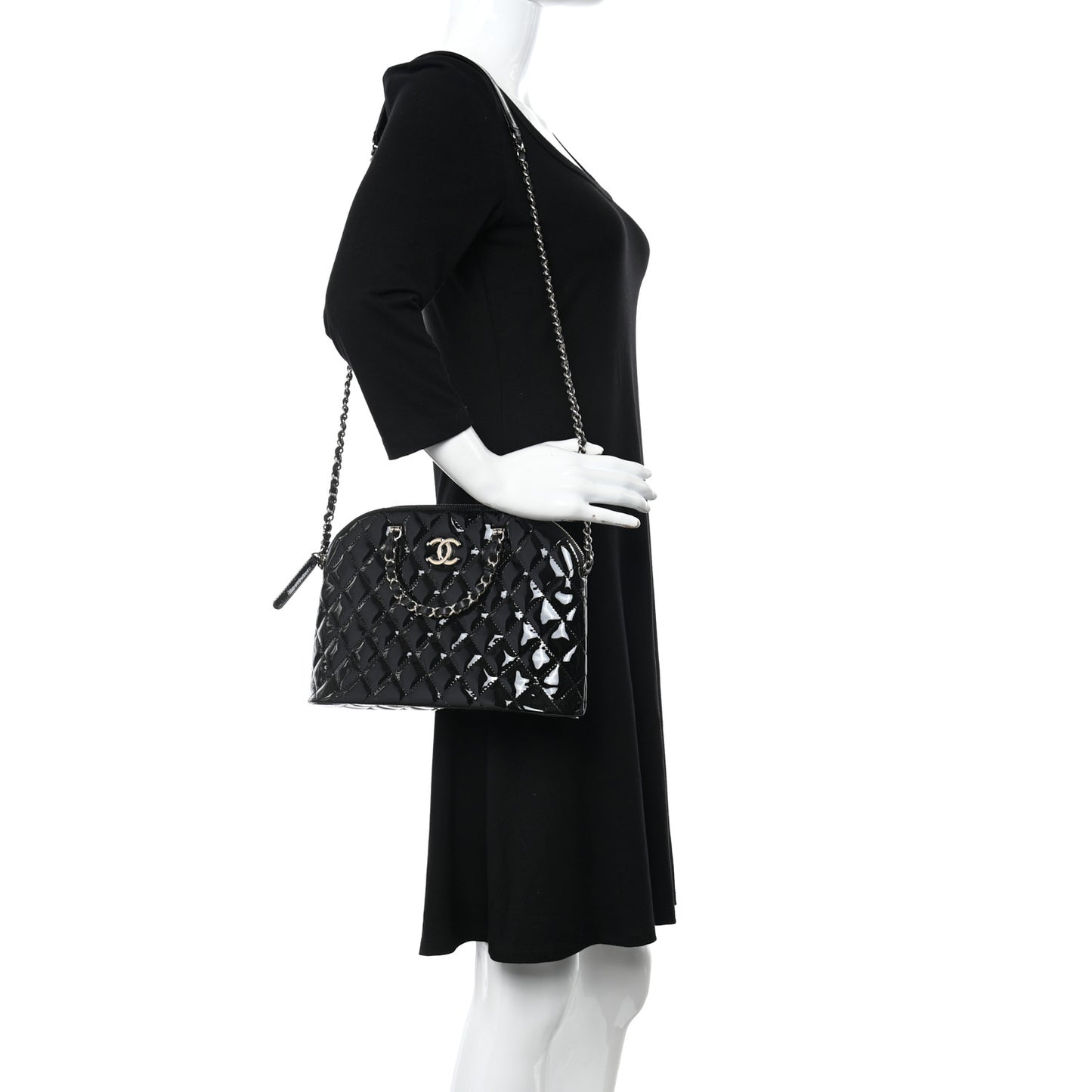 Patent Quilted Shiny Coco Small Shopping Bag Black