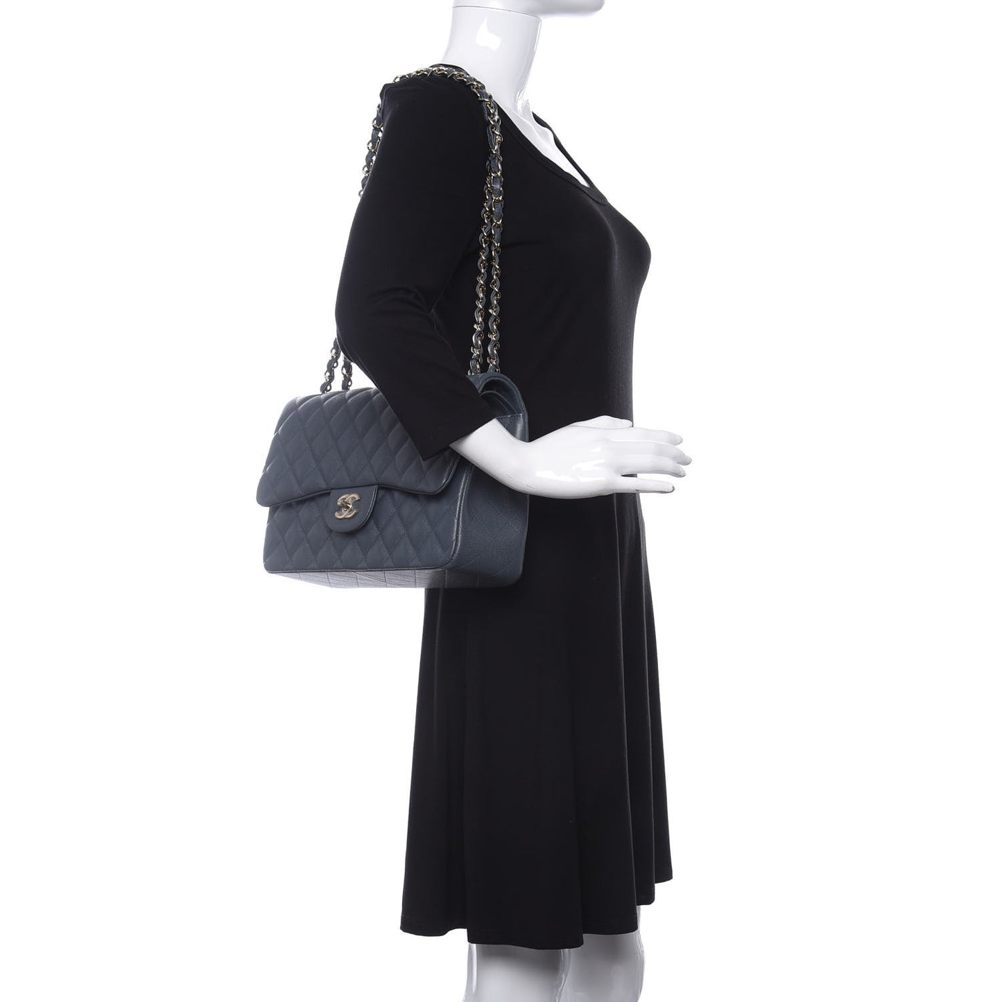 Caviar Quilted Jumbo Double Flap Dark Grey