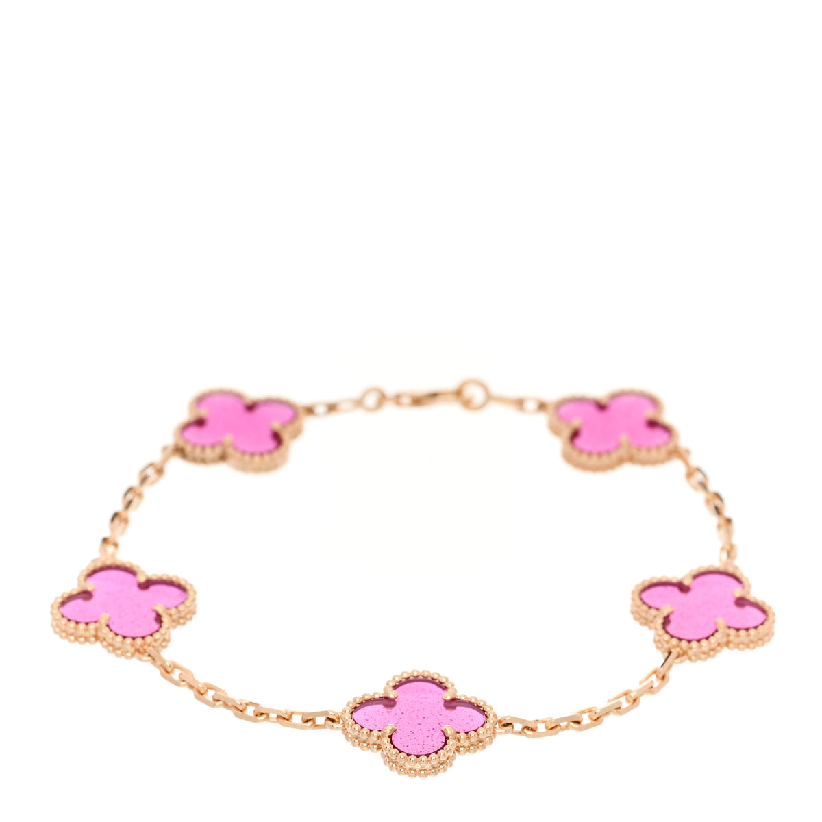 Van Cleef & Arpels 18K Yellow Gold Pink Enamel 5 Motifs Vintage Alhambra Bracelet 1 of 5