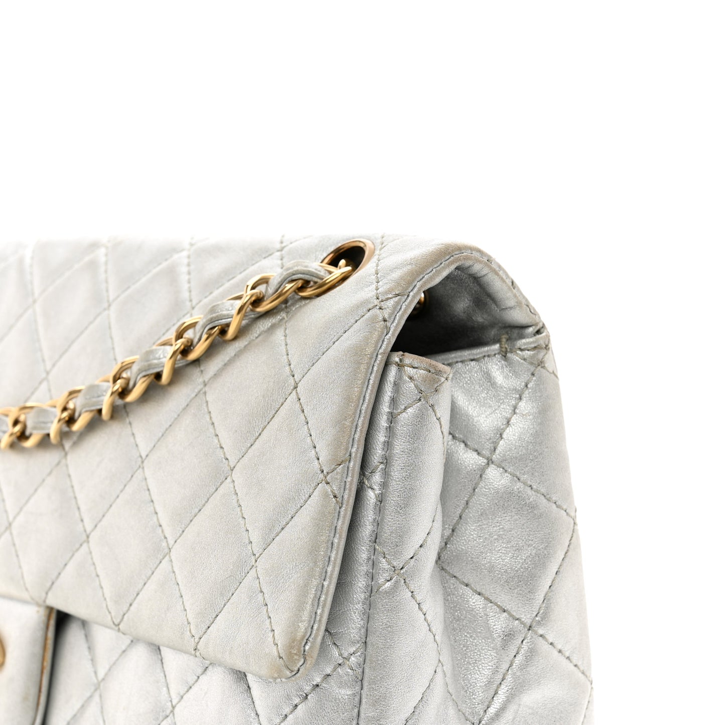 Metallic Lambskin Quilted Maxi Single Flap Silver