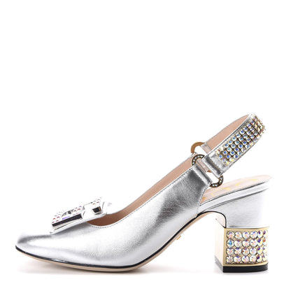Gucci Metallic Nappa Crystal Square G Madelyn Slingbacks 35.5 Silver 1 of 11