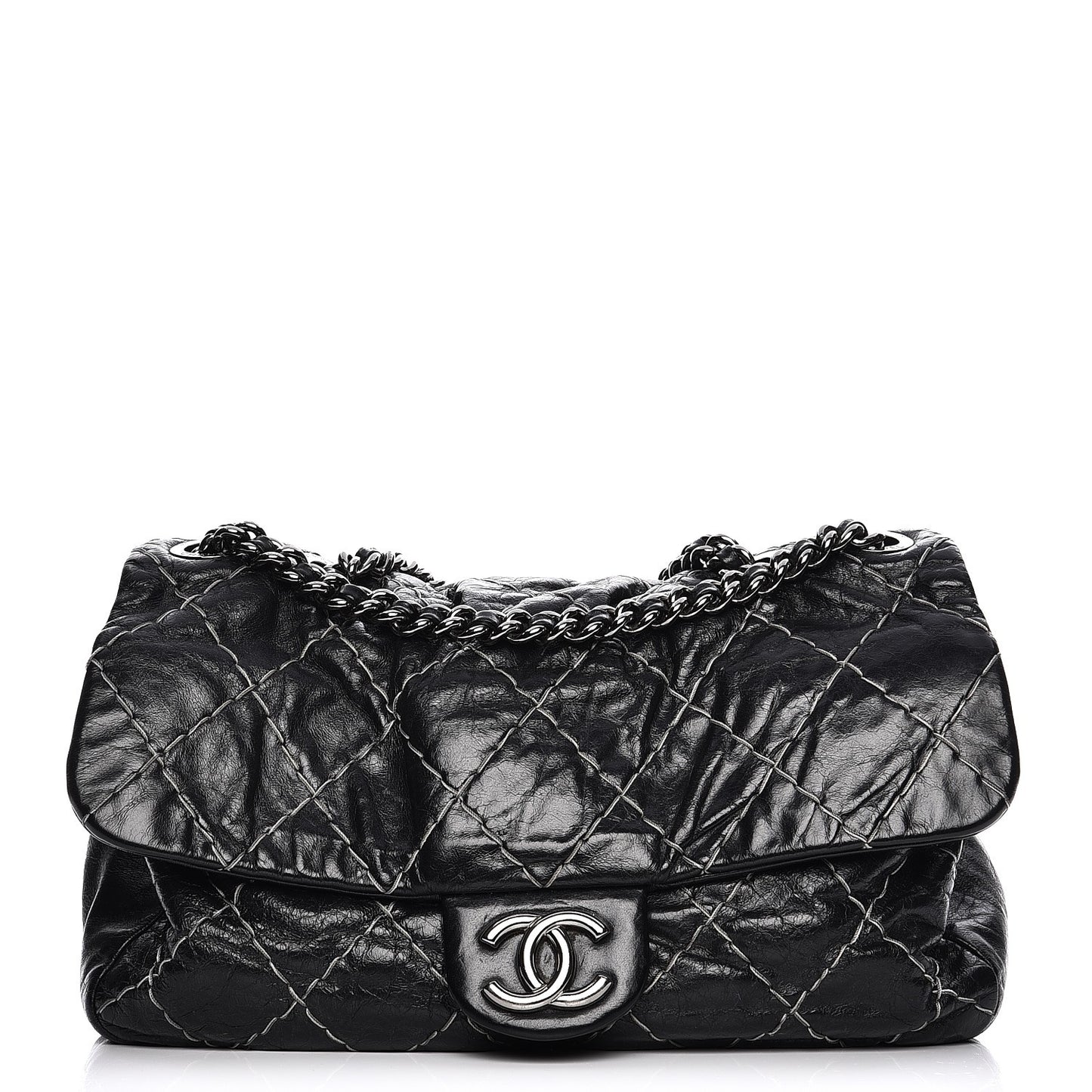 Glazed Goatskin Double Stitch Flap Black