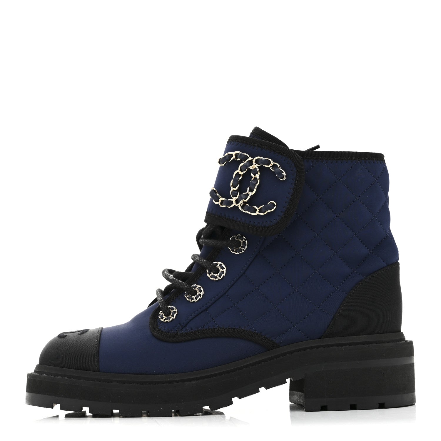 Chanel Fabric Grosgrain Quilted Cap Toe Lace Up Combat Boots 36.5 Navy Black 1 of 9