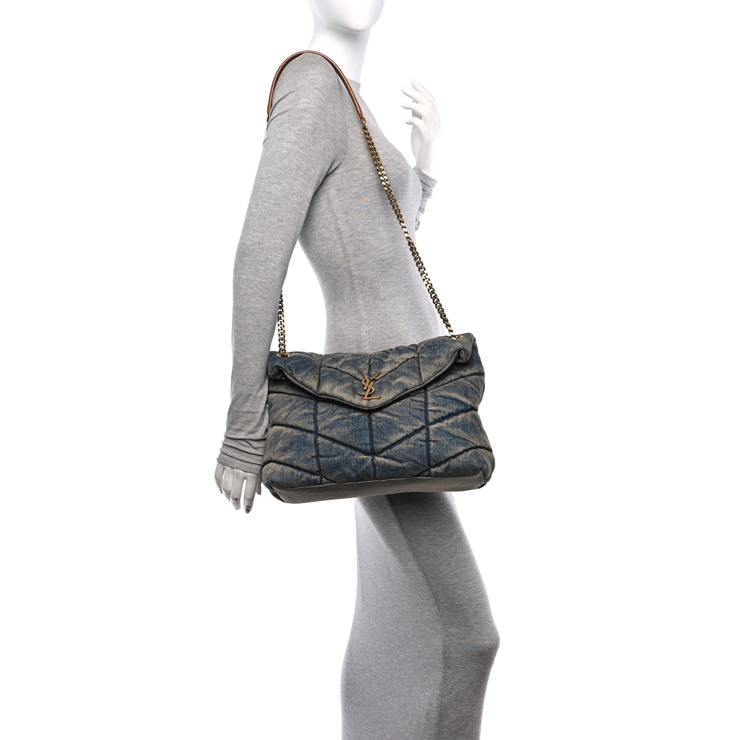 Denim Quilted Medium Loulou Puffer Monogram Chain Satchel Blue Cinnamon