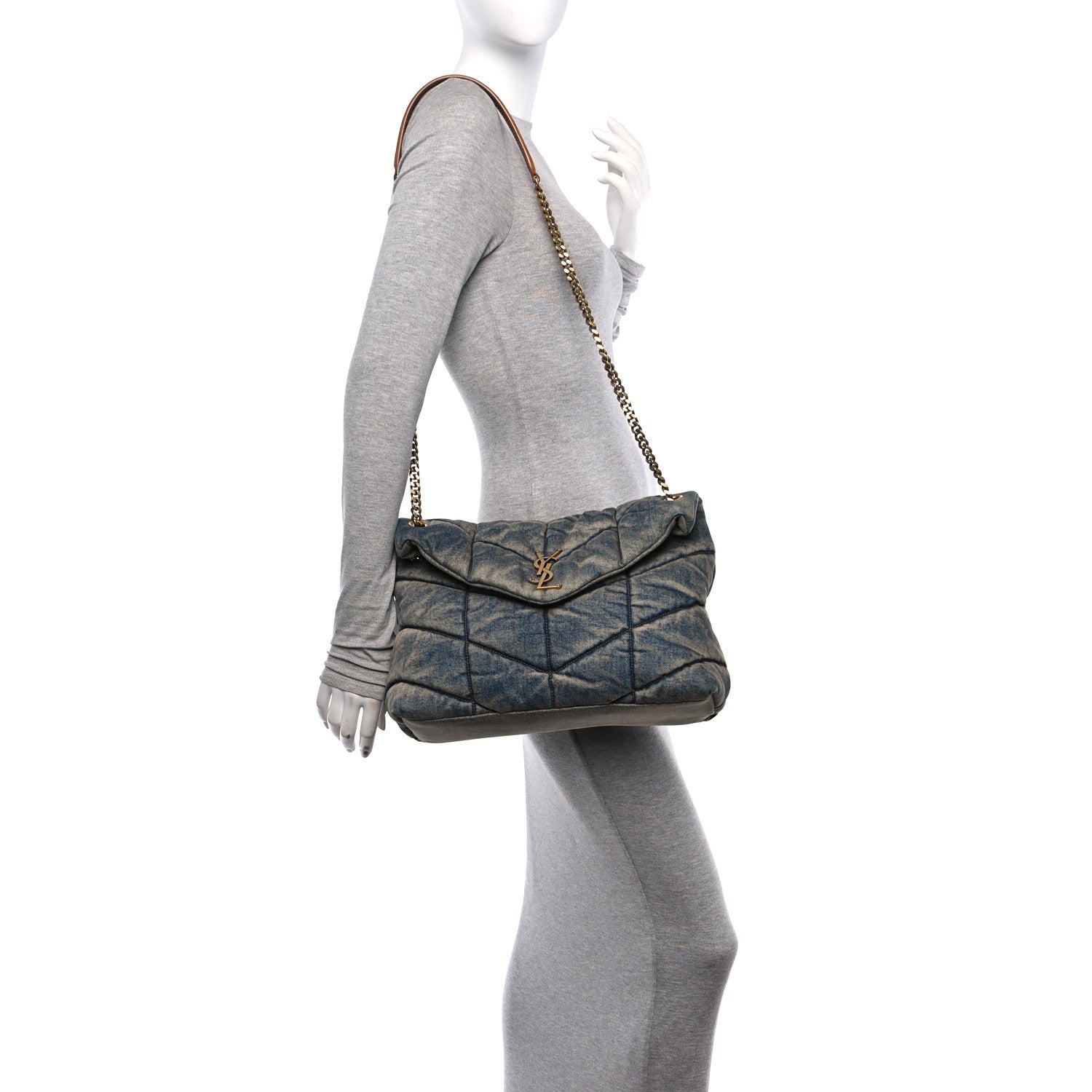 Saint Laurent Denim Quilted Medium Loulou Puffer Monogram Chain Satchel Blue Cinnamon 2 of 10