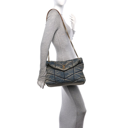 Saint Laurent Denim Quilted Medium Loulou Puffer Monogram Chain Satchel Blue Cinnamon 2 of 10