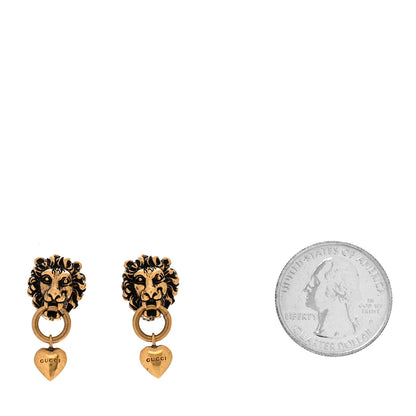 Gucci Metal Lion Head Heart Drop Earrings Aged Gold 2 of 5