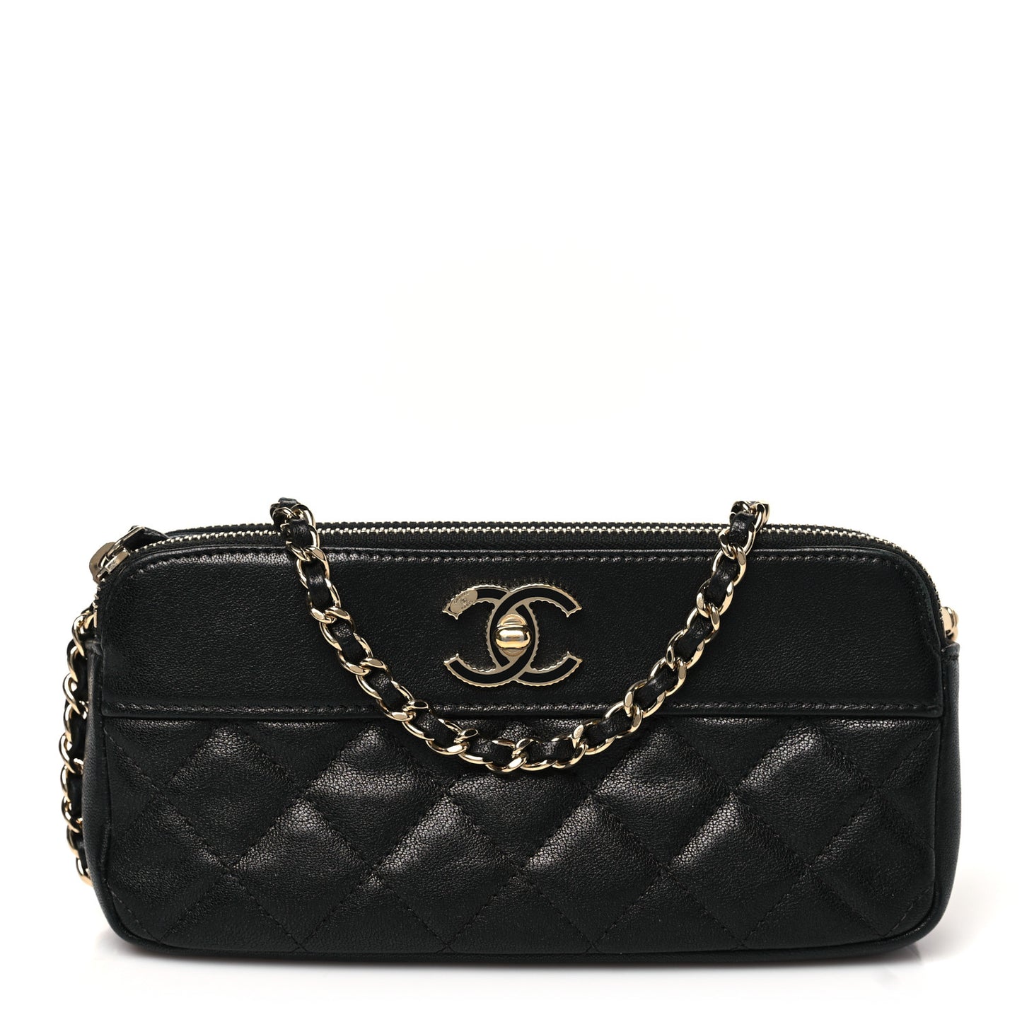 Metallic Sheepskin Chevron Quilted Small Vintage Mademoiselle Clutch With Chain Black