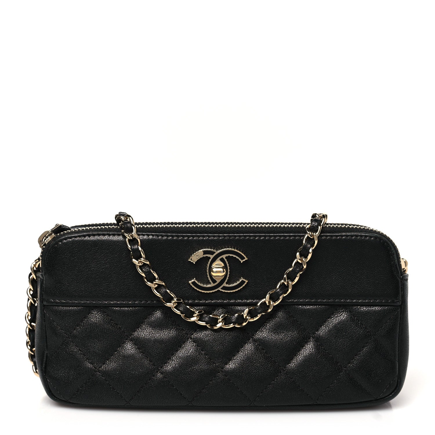 Chanel Metallic Sheepskin Chevron Quilted Small Vintage Mademoiselle Clutch With Chain Black 1 of 11