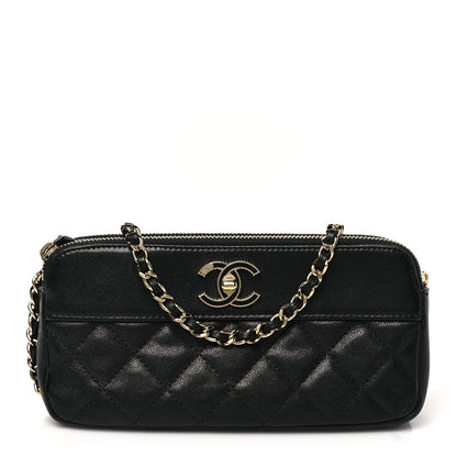 Chanel Metallic Sheepskin Chevron Quilted Small Vintage Mademoiselle Clutch With Chain Black 1 of 11