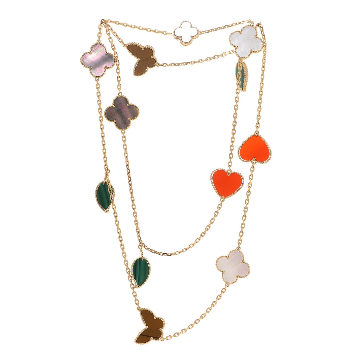 18K Yellow Gold Mother of Pearl Malachite Carnelian Tiger Eye 12 Motif Lucky Alhambra Necklace