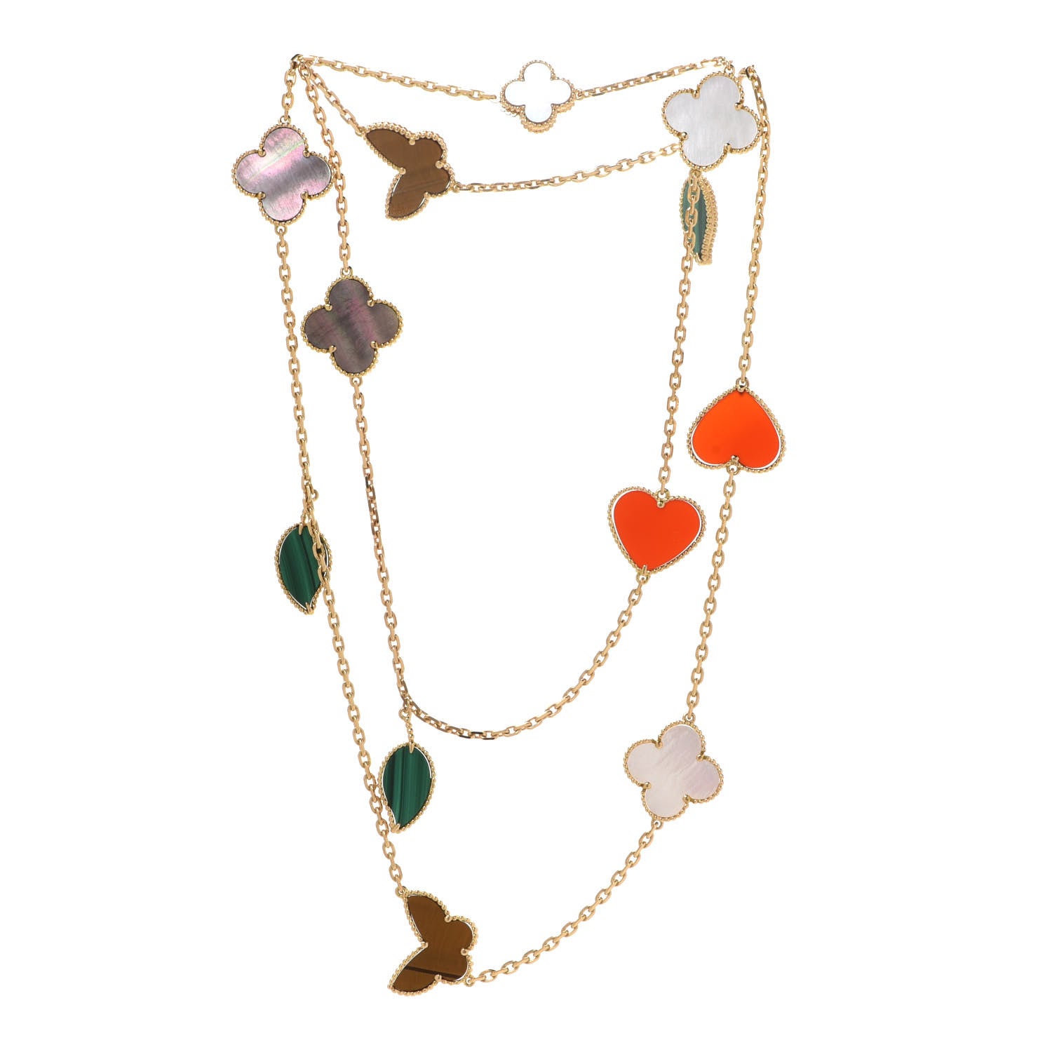 Van Cleef & Arpels 18K Yellow Gold Mother of Pearl Malachite Carnelian Tiger Eye 12 Motif Lucky Alhambra Necklace 3 of 8