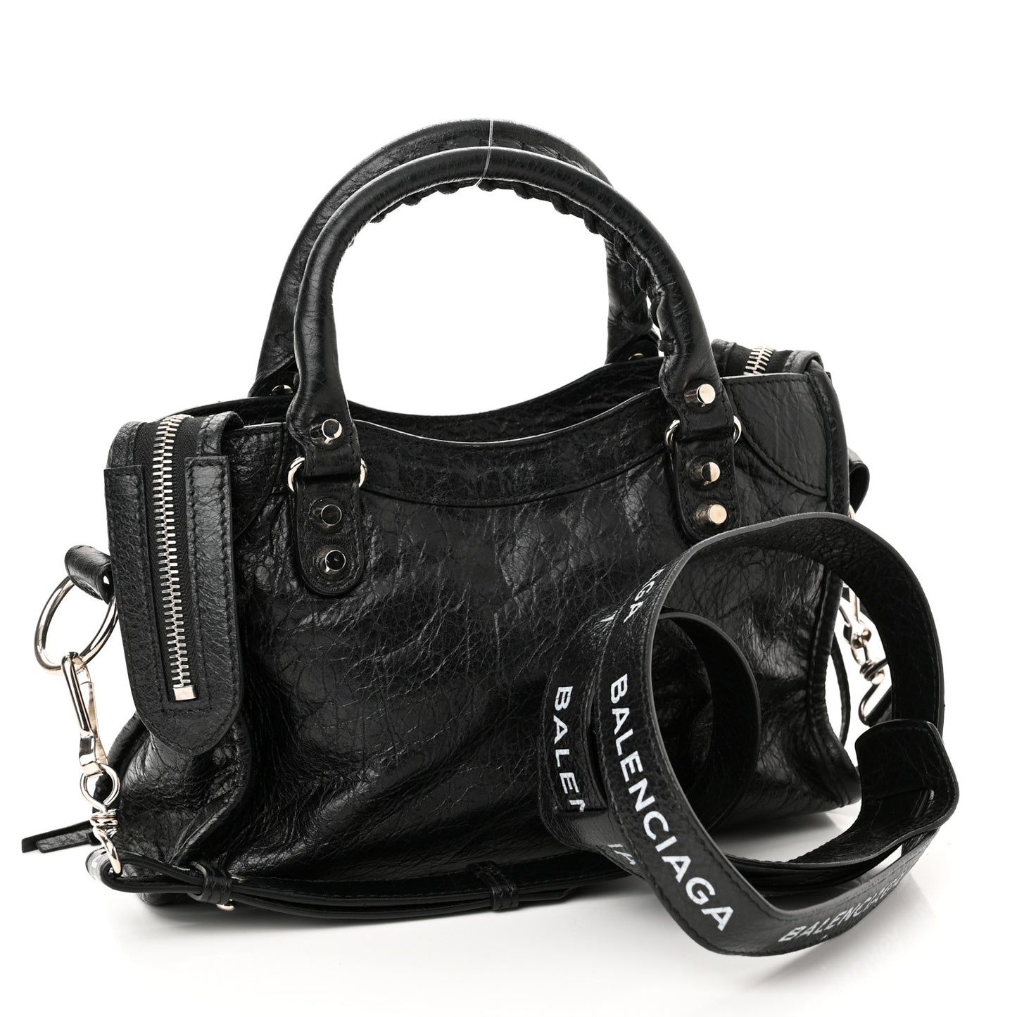 Agneau Classic Silver Hardware Mini City Logo Strap Black White
