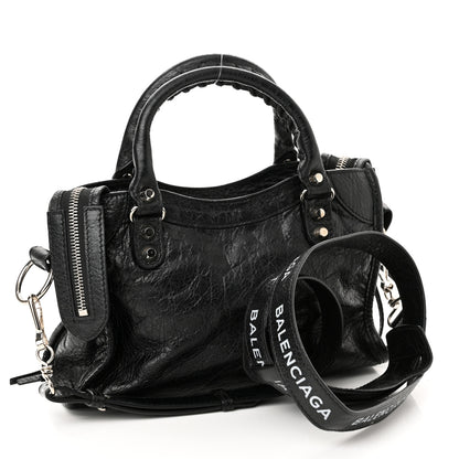 Balenciaga Agneau Classic Silver Hardware Mini City Logo Strap Black White 3 of 11
