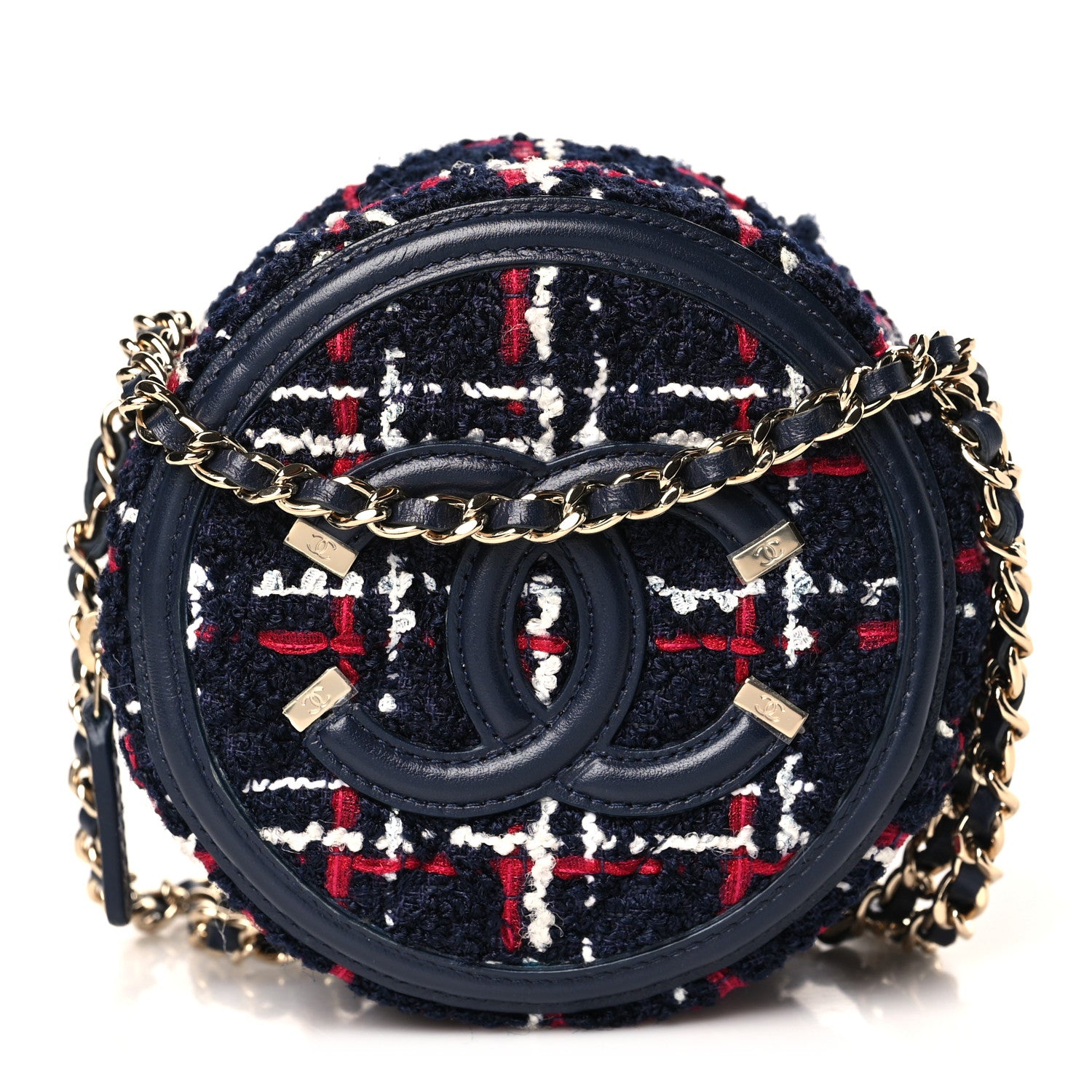 Chanel Tweed Quilted Round Filigree Clutch With Chain Navy Blue 1 of 9
