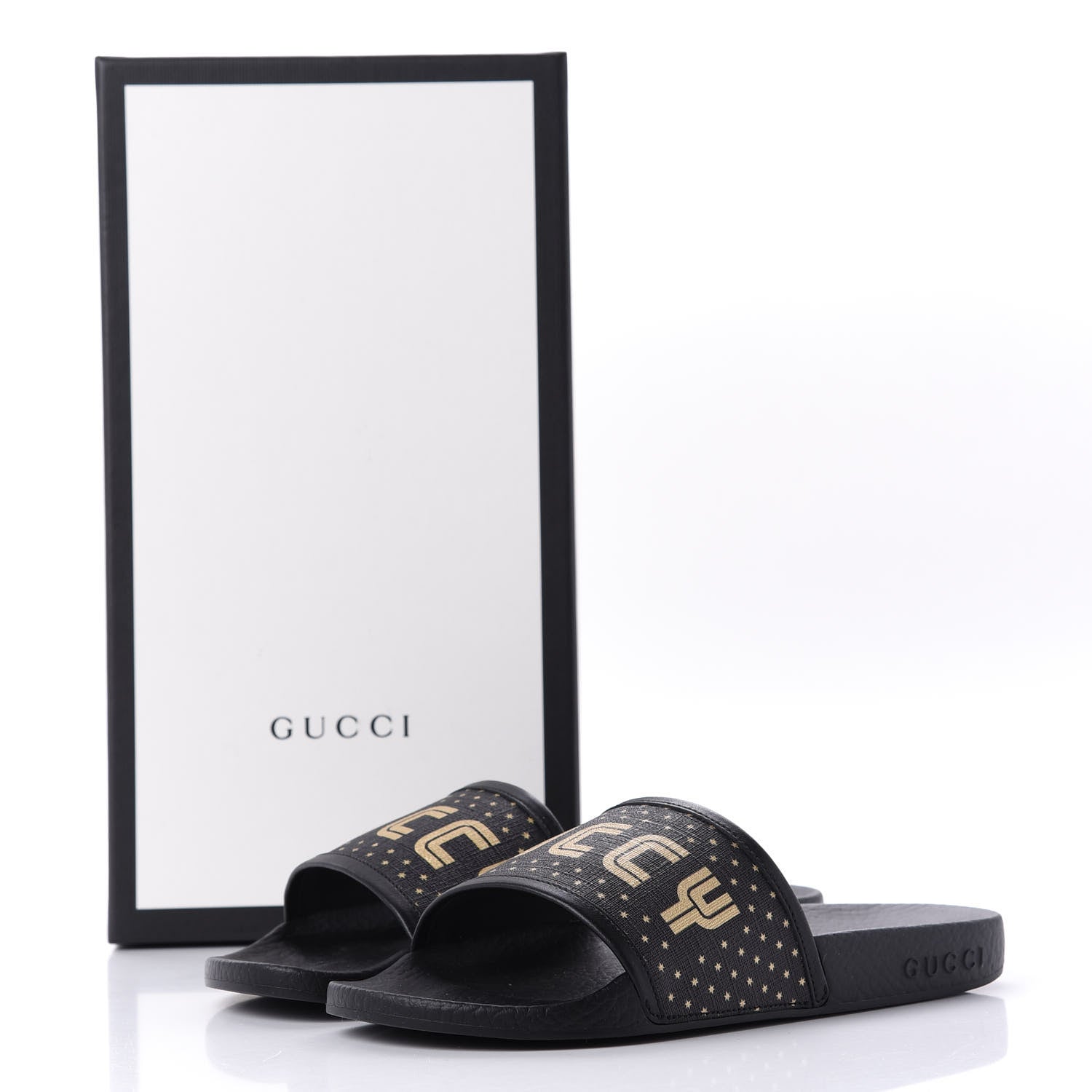 Gucci X SEGA Supreme Canvas GUCCY Stars Womens Slide Sandals 36 Black Gold 11 of 11