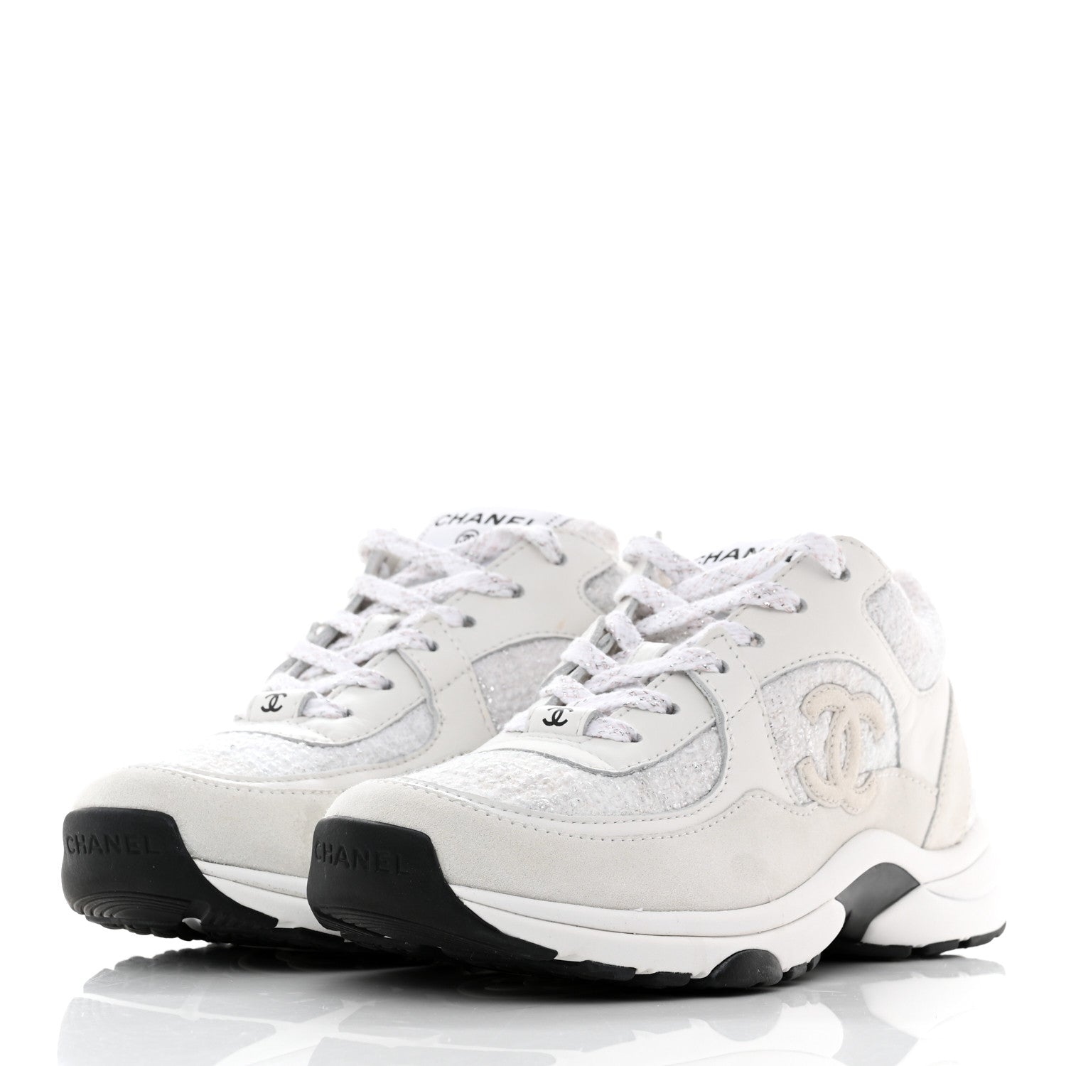 Chanel Painted Iridescent Cotton Tweed Suede Womens CC Sneakers 35.5 White Silver Multicolor 3 of 9