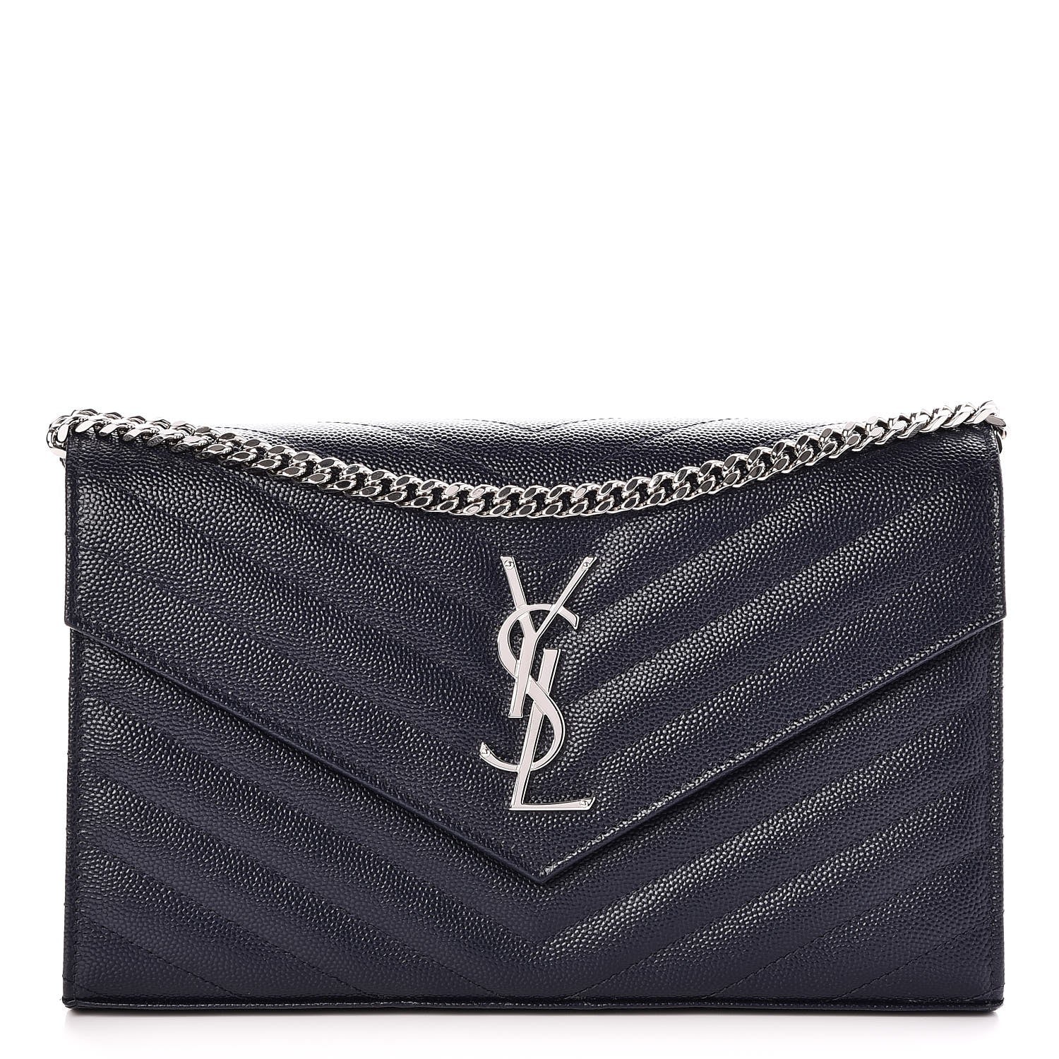 Saint Laurent Grain De Poudre Matelasse Chevron Monogram Chain Wallet Navy 1 of 7