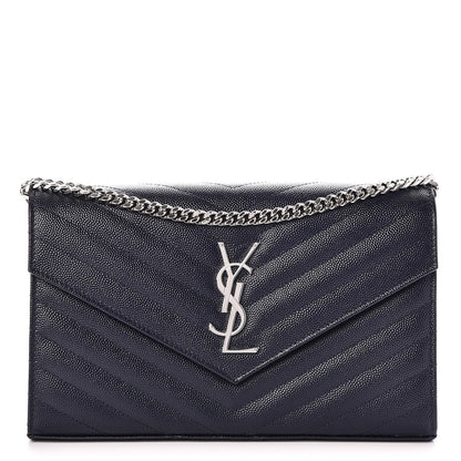 Saint Laurent Grain De Poudre Matelasse Chevron Monogram Chain Wallet Navy 1 of 7
