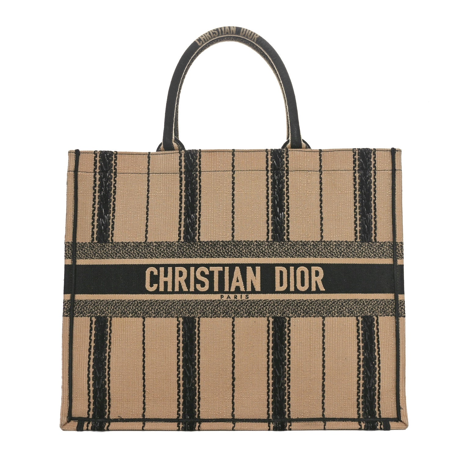 Christian Dior Canvas Embroidered Large Bayadere Book Tote Black Beige 1 of 11