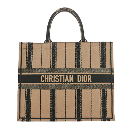Christian Dior Canvas Embroidered Large Bayadere Book Tote Black Beige 1 of 11