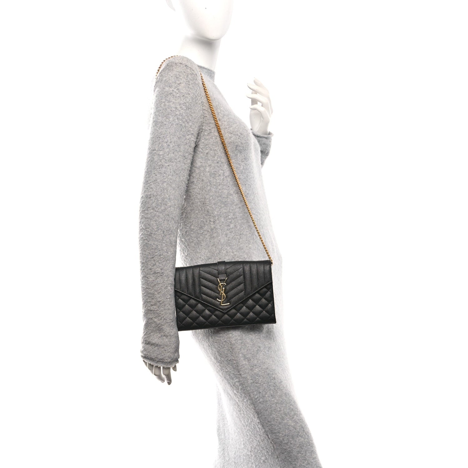 Saint Laurent Grain De Poudre Mixed Matelasse Triquilt Monogram Chain Wallet Black 2 of 10