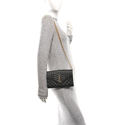 Saint Laurent Grain De Poudre Mixed Matelasse Triquilt Monogram Chain Wallet Black 2 of 10