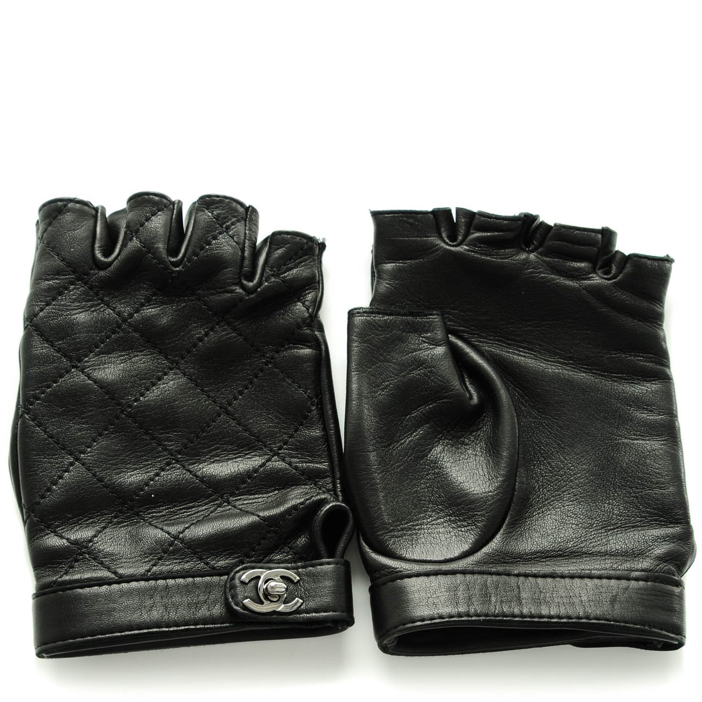 Lambskin Quilted Fingerless CC Turn Lock Gloves 8 Black