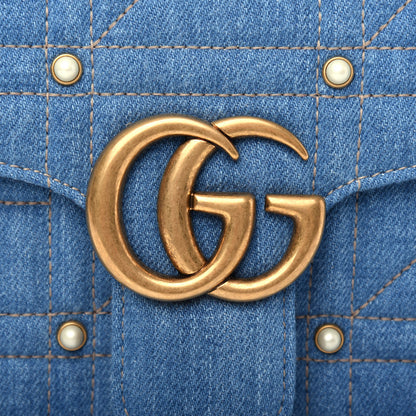 Gucci Denim Matelasse Pearl Studded Small GG Marmont Shoulder Bag Blue 10 of 10