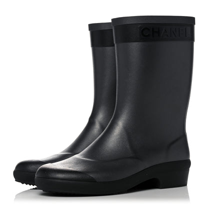 Chanel Rubber Logo Short Rain Boots 37 Black Silver 3 of 12