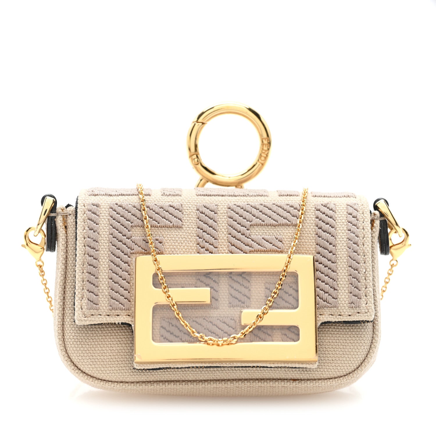 Fendi Canvas Vitello King FF Embroidered Nano Maxi Buckle Baguette Charm Nuvola 1 of 10