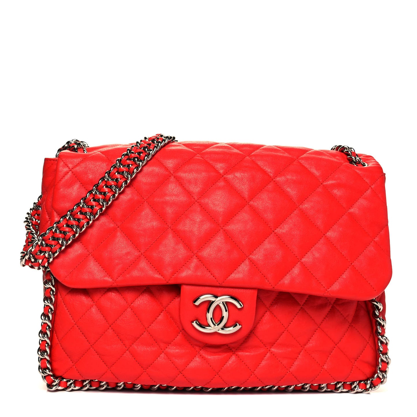 Washed Lambskin Quilted Maxi Chain Around Flap Red