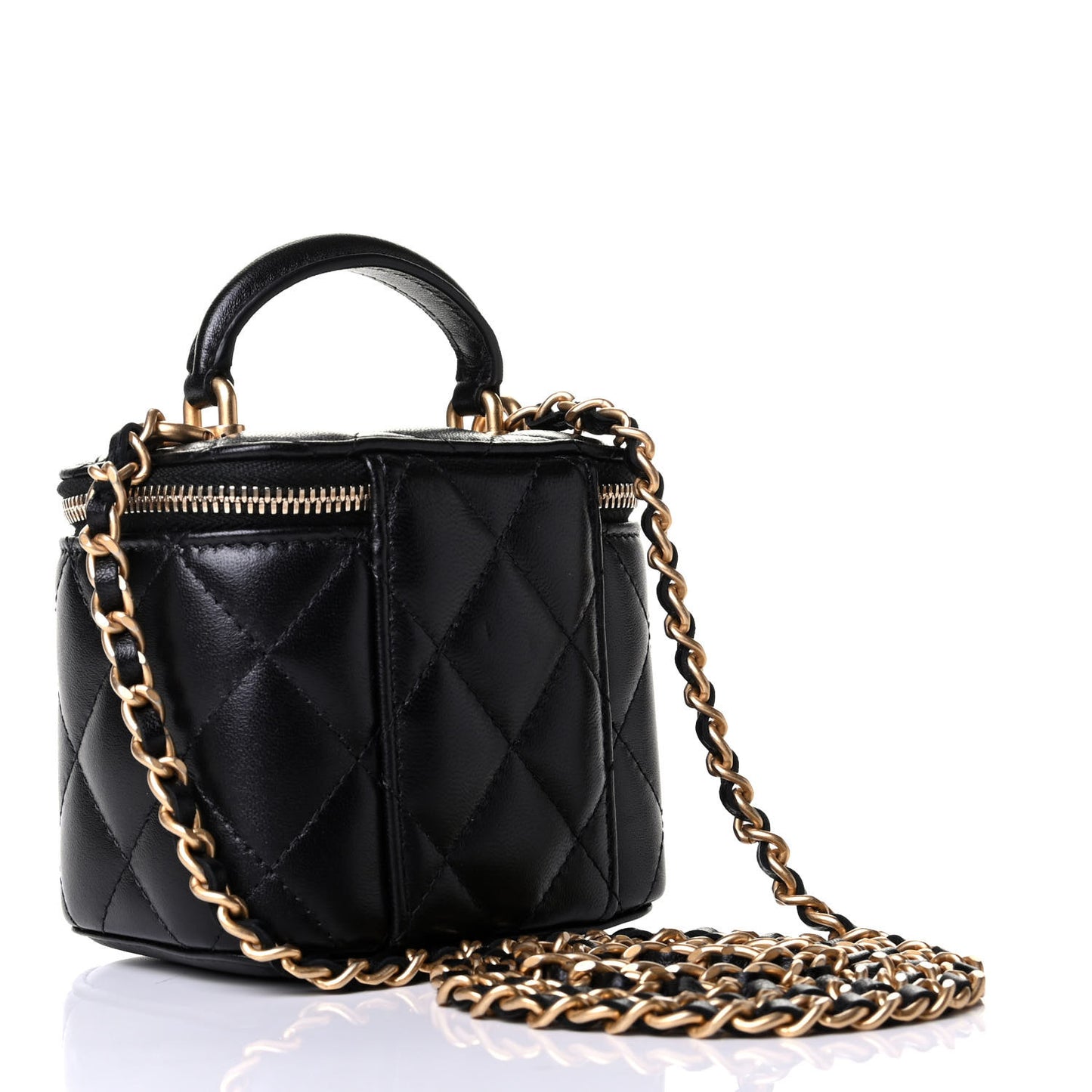 Lambskin Quilted Top Handle Mini Vanity Case With Chain Black