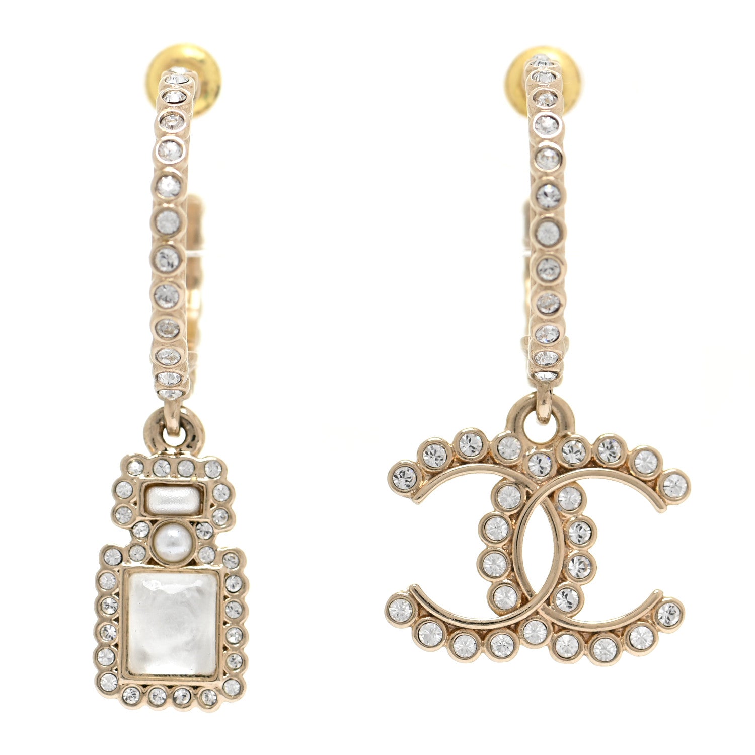 Chanel Crystal Pearl CC Perfume Bottle Drop Hoop Earrings Gold 1 of 4