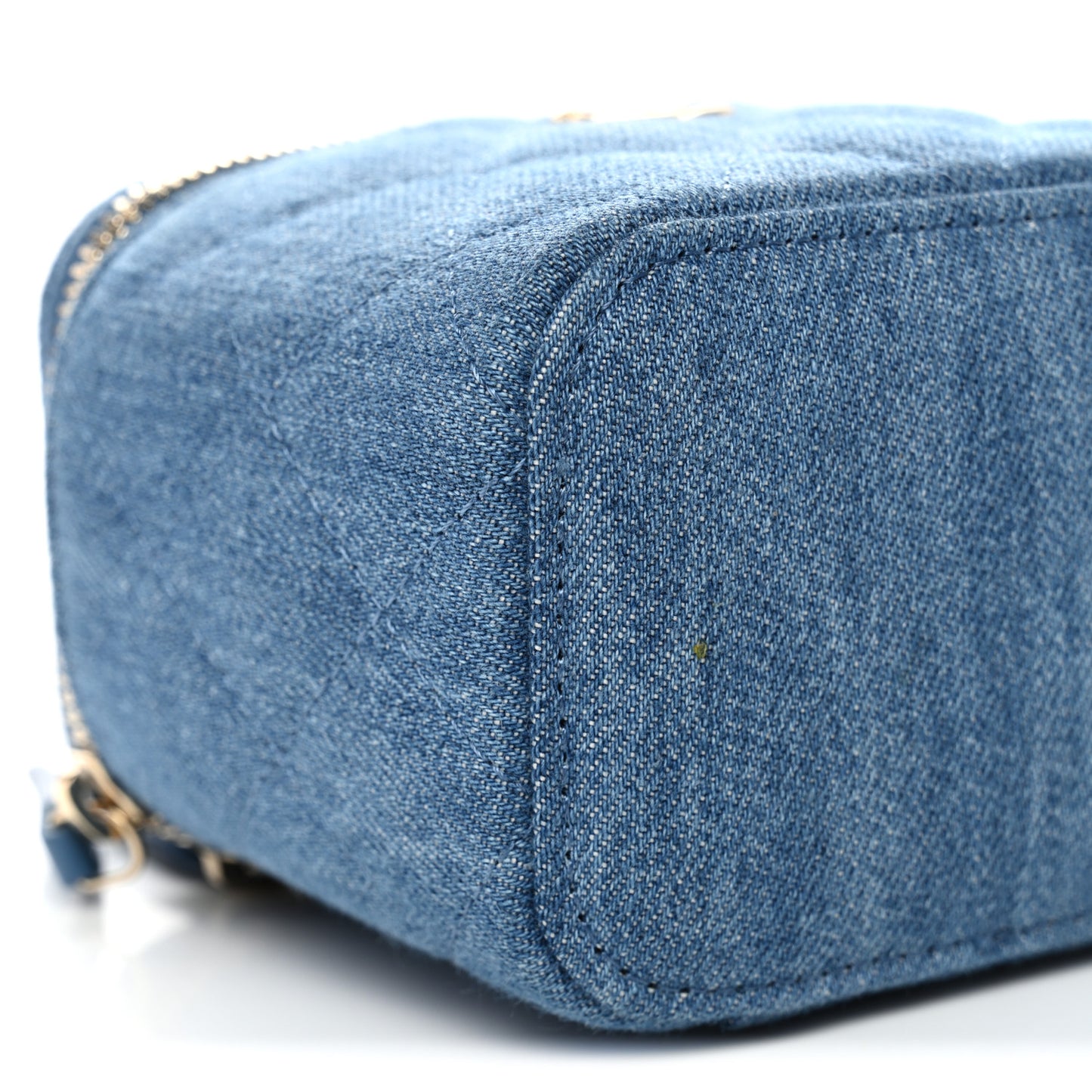 Denim Quilted Mini Pearl Crush Vanity Case With Chain