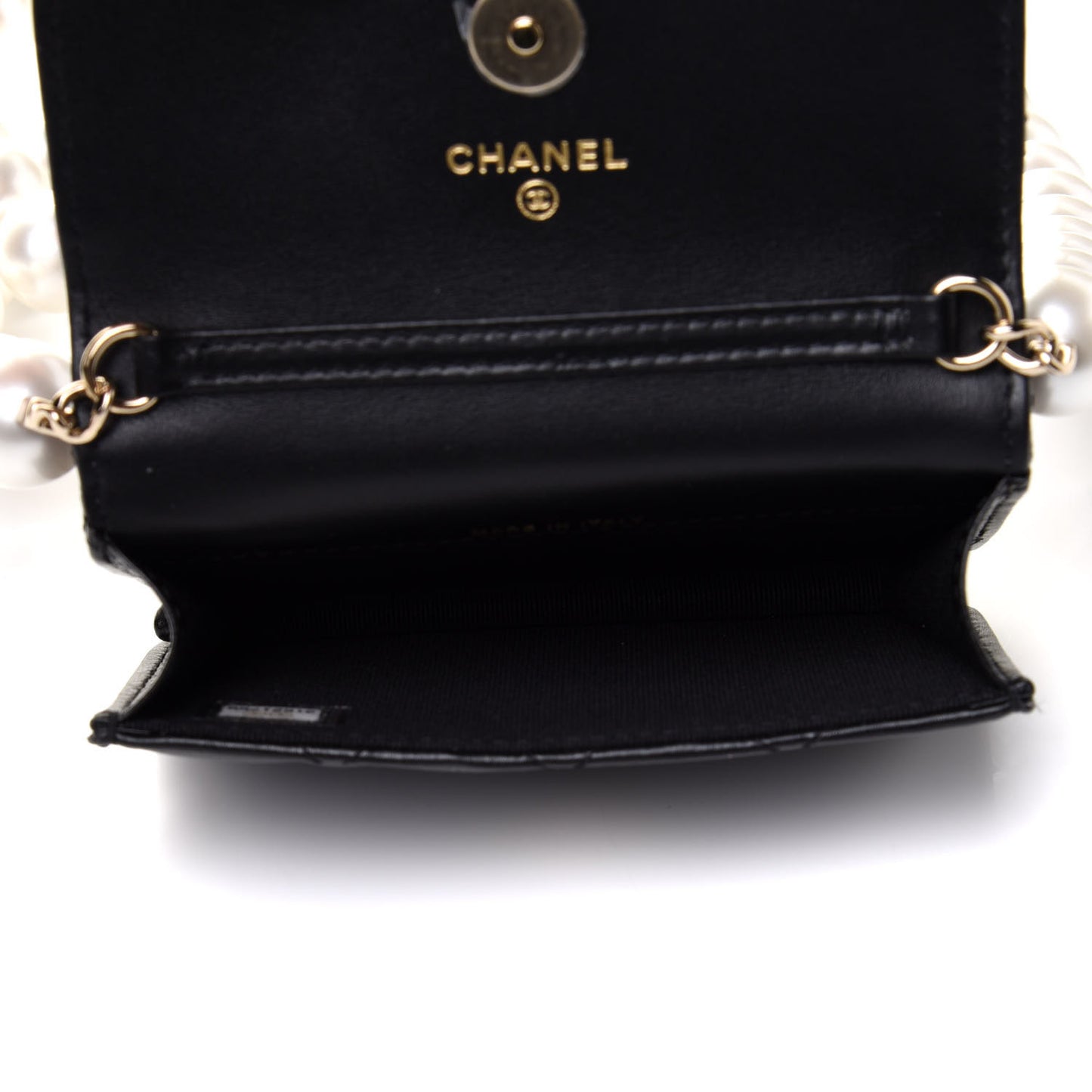 Calfskin Quilted Maxi Pearls Card Holder Flap With Chain Black