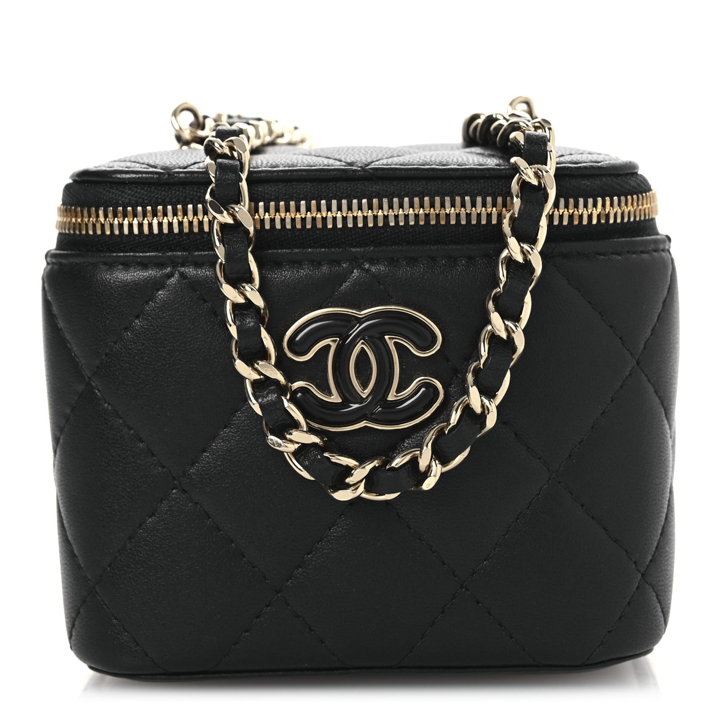Lambskin Quilted Mini Enamel Vanity Case With Chain Black