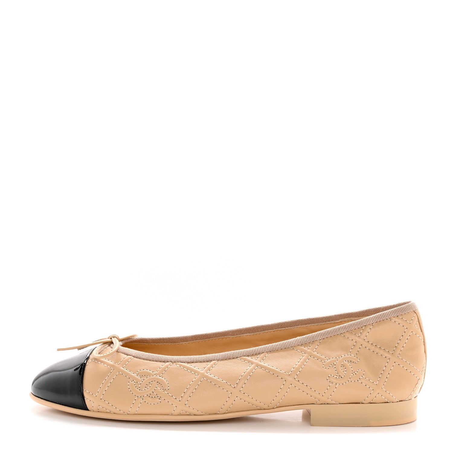 CHANEL Lambskin Patent Double Stitched CC Cap Toe Ballerina Flats in the colors Ivory Black by FASHIONPHILE