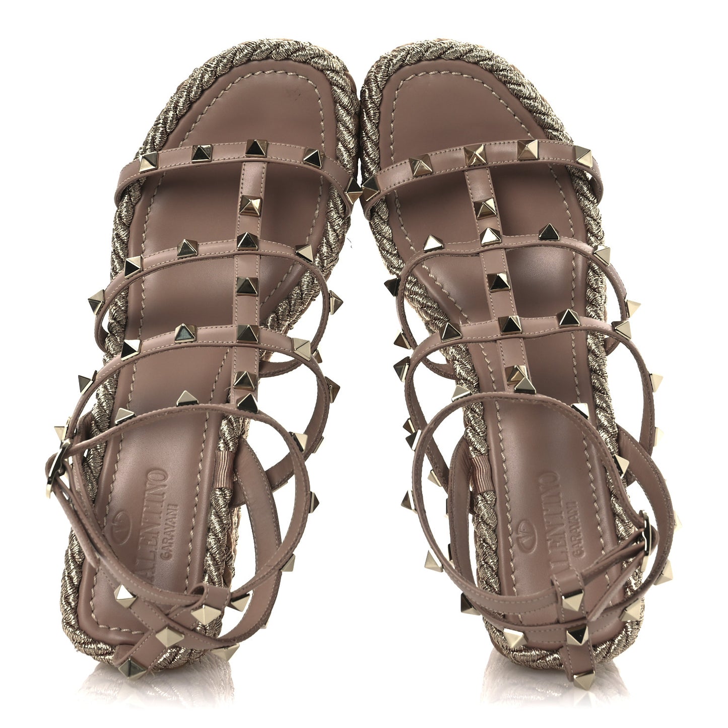 Calfskin Rockstud Ankle Strap Torchon Espadrille Caged 25/95mm Wedge Sandals 38 Rose Canelle