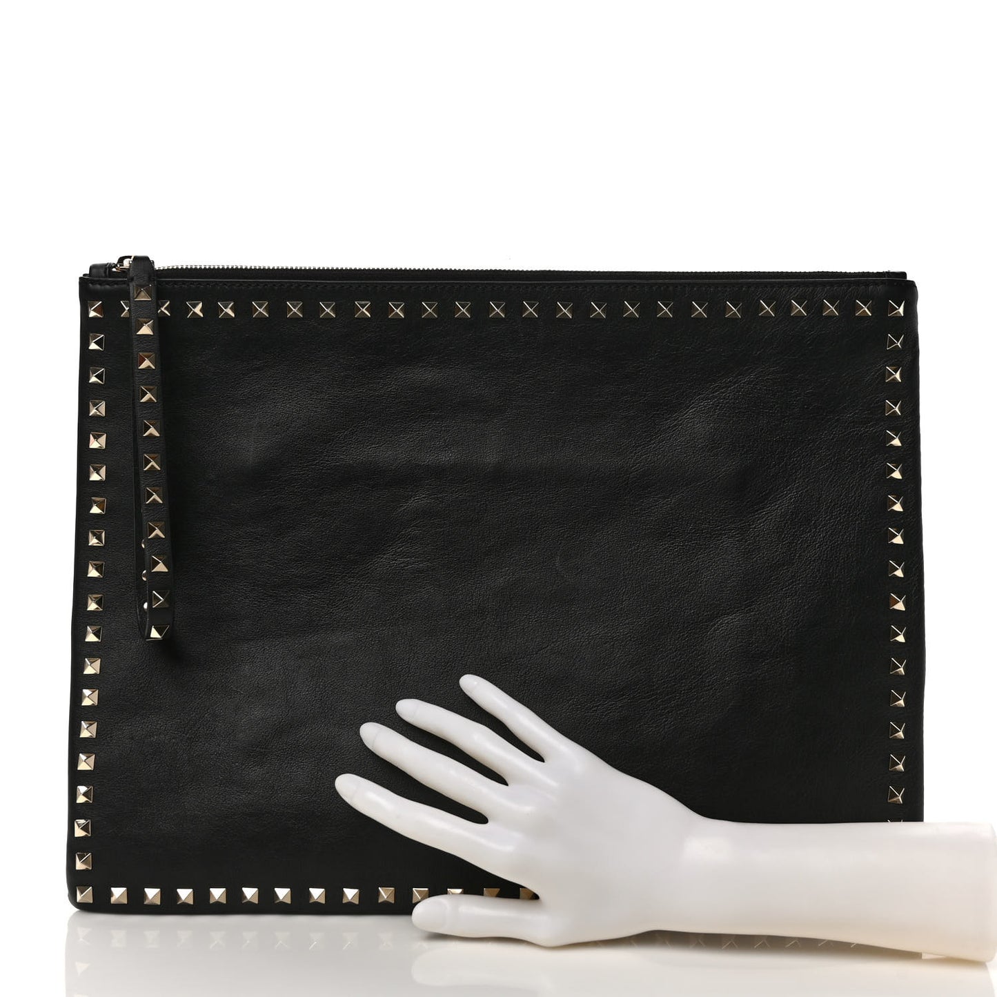 Vitello Oversized Rockstud Zip Wristlet Pouch Black