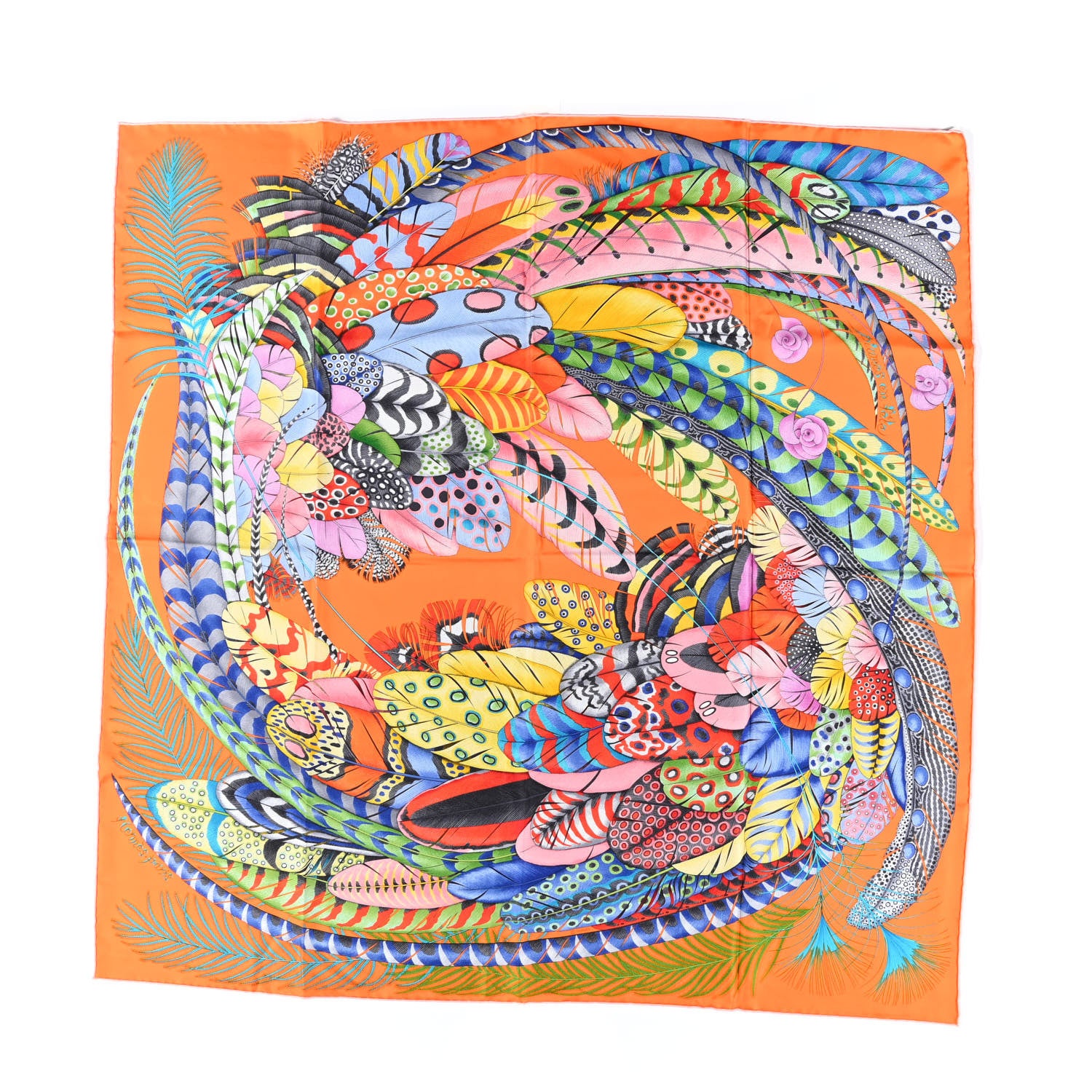 Hermes Silk Plumes En Fete Scarf 90 Orange Bleu Rose 1 of 6
