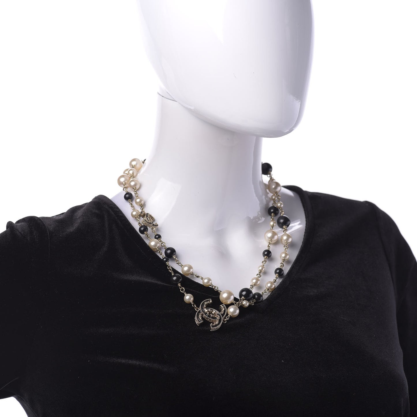 Pearl Bead Enamel CC Long Necklace Black Gold