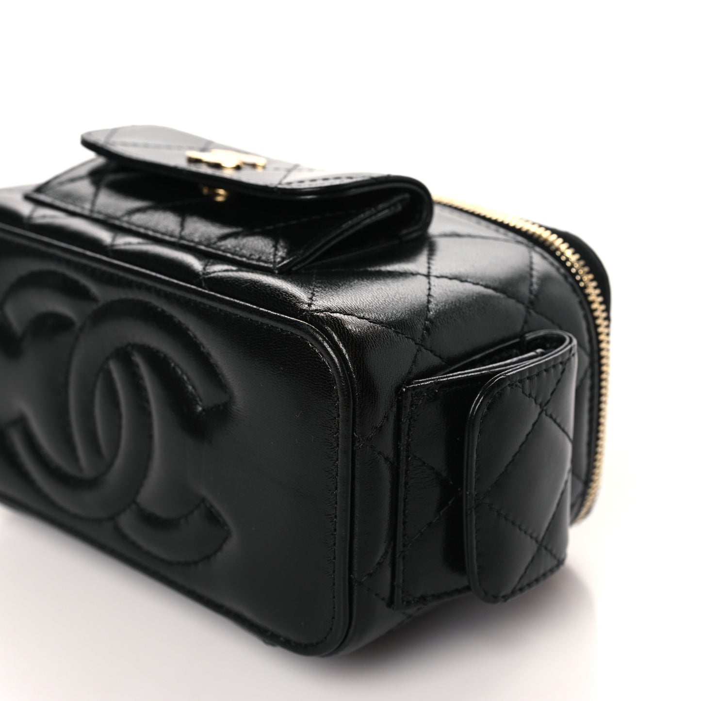 Lambskin Quilted Polly Pocket East West Top Vanity With Chain Black