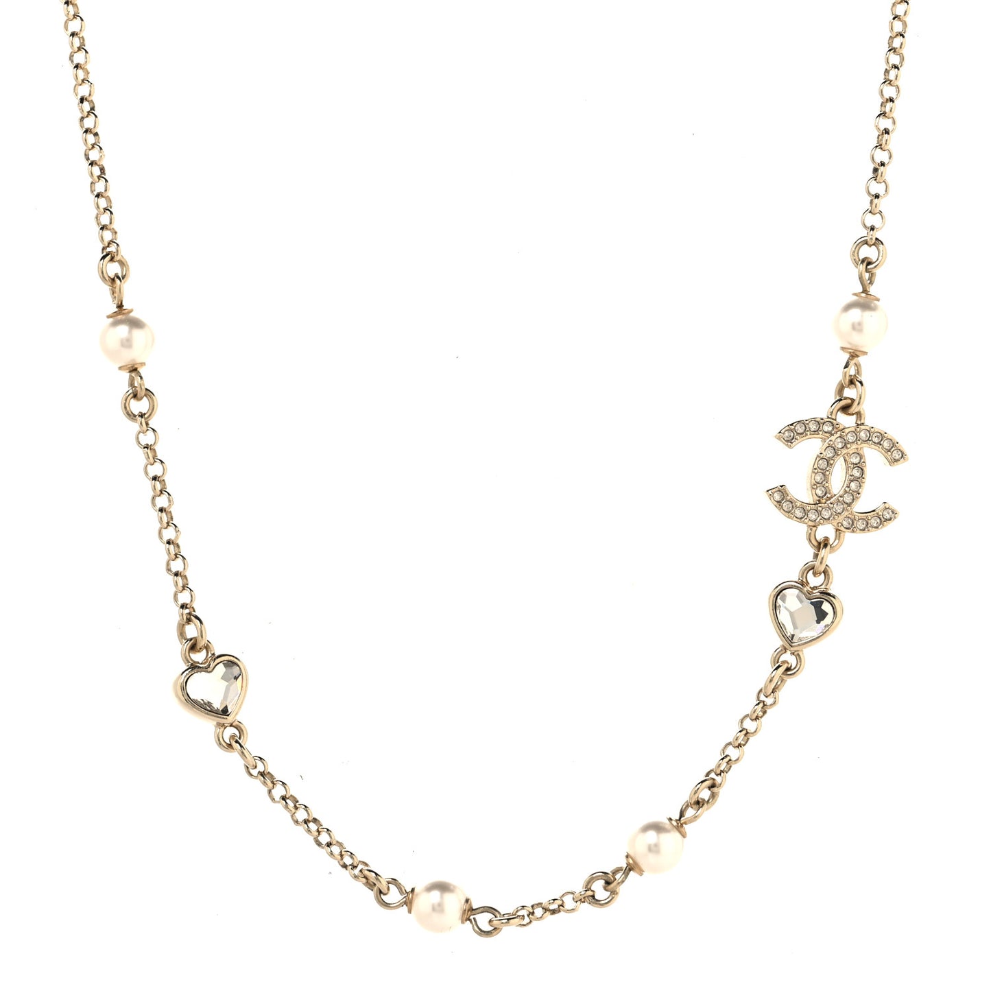 Pearl Crystal CC Heart Chain Short Necklace Gold
