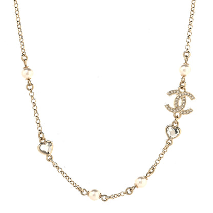 Chanel Pearl Crystal CC Heart Chain Short Necklace Gold 1 of 5