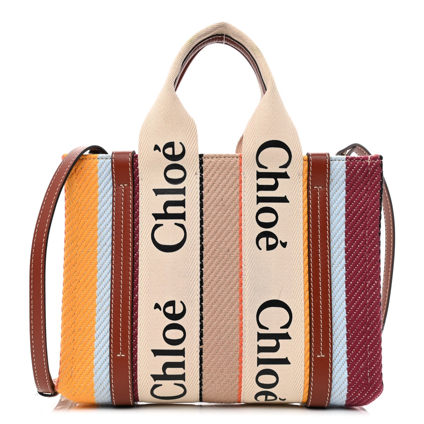 Cotton Calfskin Small Woody Striped Ribbon Tote Multicolor