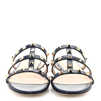 Valentino Garavani Nappa Rockstud Caged Flat Slide Sandals 35 Marine 3 of 10