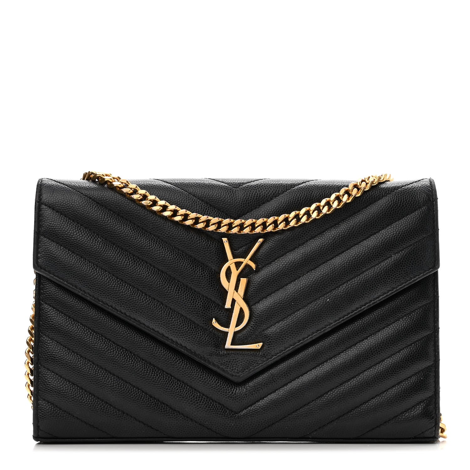 Saint Laurent Grain De Poudre Matelasse Chevron Monogram Chain Wallet Black 1 of 12