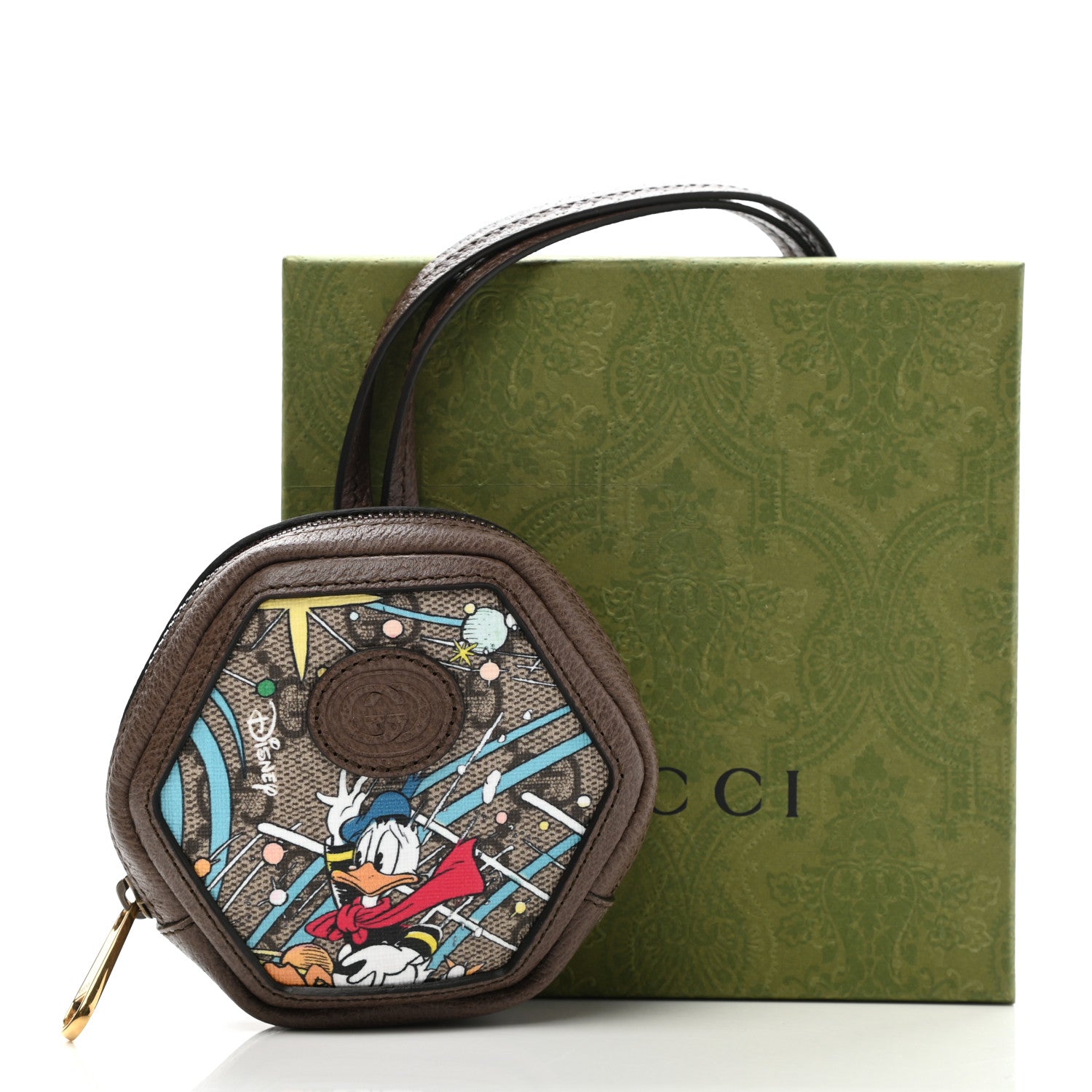 Gucci X DISNEY GG Supreme Monogram Donald Duck Interlocking G Coin Pouch Beige Multicolor New Acero 6 of 6