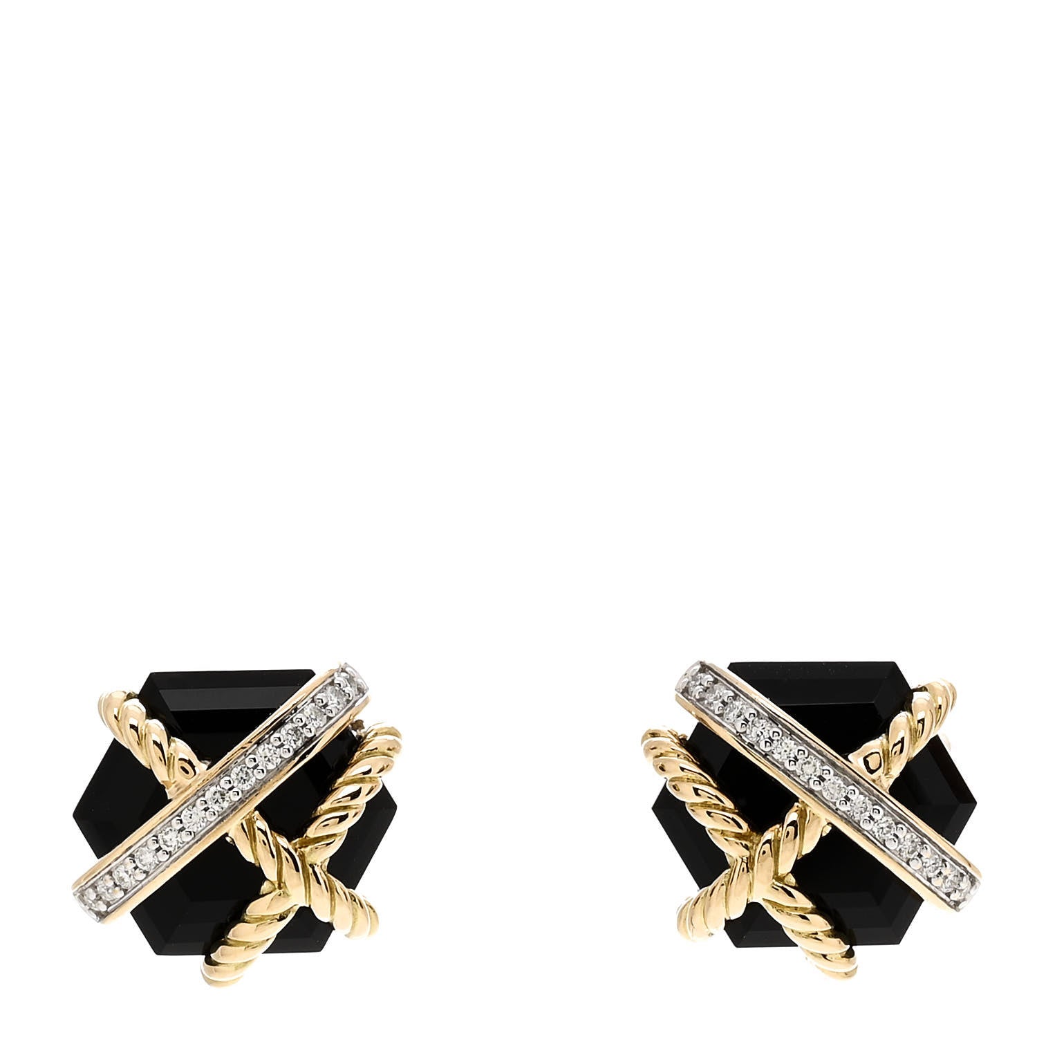 David Yurman 18K Yellow Gold Diamond Onyx 10mm Cable Wrap Earrings 1 of 4